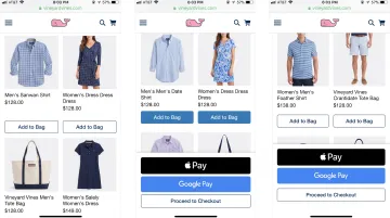 Mobile shopping interface showing one-click checkout with Apple Pay and product grid