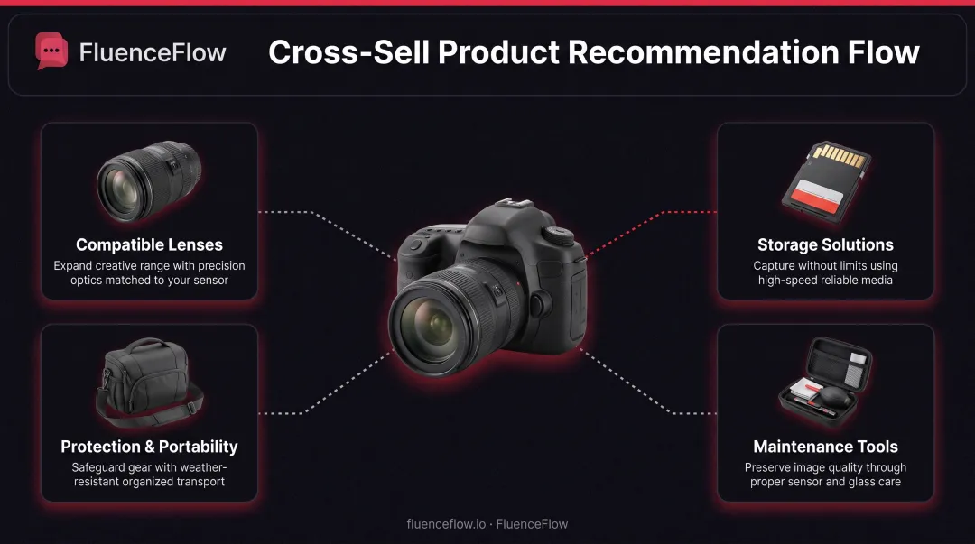 Cross-sell product recommendation strategy for camera purchase showing complementary accessories