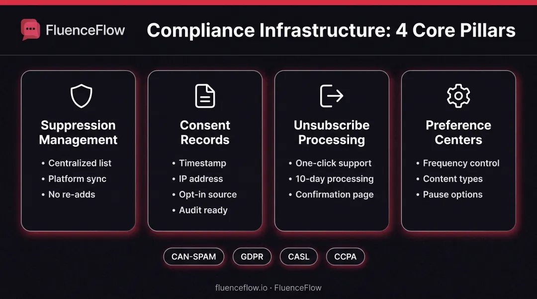 Email compliance infrastructure four-pillar framework showing suppression consent unsubscribe and preference components