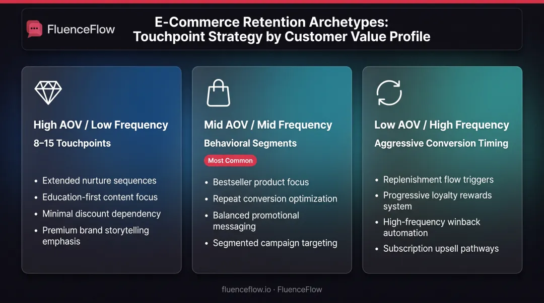 Three e-commerce business archetypes comparison by AOV frequency and email strategy requirements