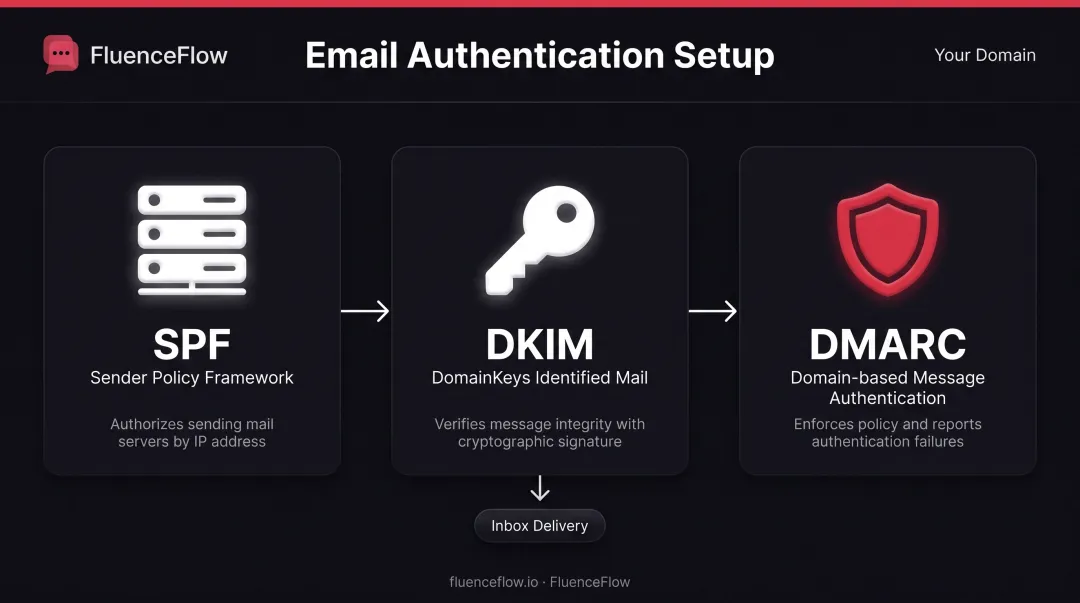 Email authentication protocols SPF DKIM and DMARC technical setup process diagram