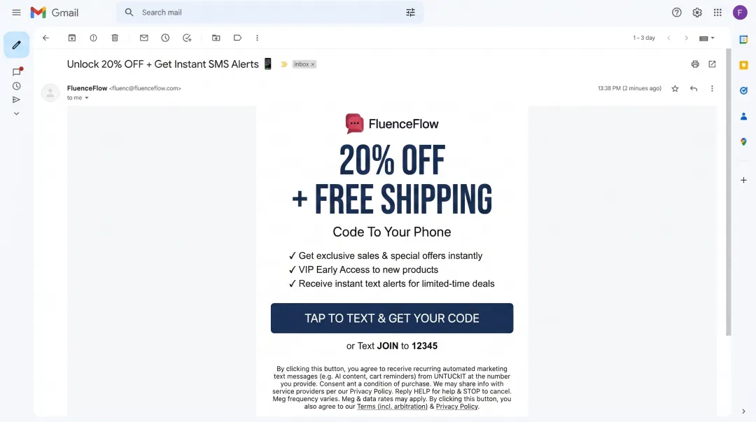 Email marketing campaign promoting SMS subscription with clear CTA button and value proposition