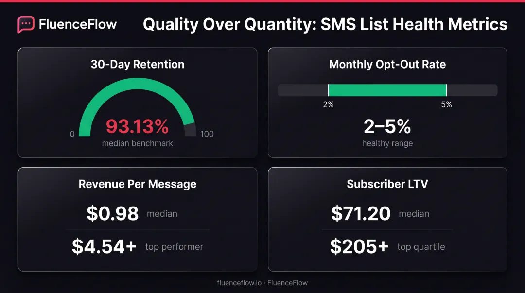 SMS list health metrics dashboard showing retention rate engagement and revenue per subscriber benchmarks