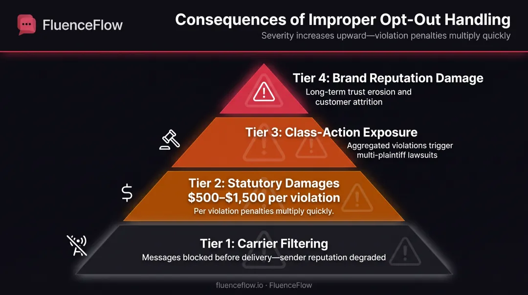 SMS opt-out violation consequences and penalty breakdown infographic