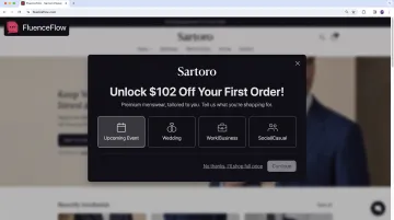 Sartoro popup form offering discount with zero-party data collection for shopping occasion