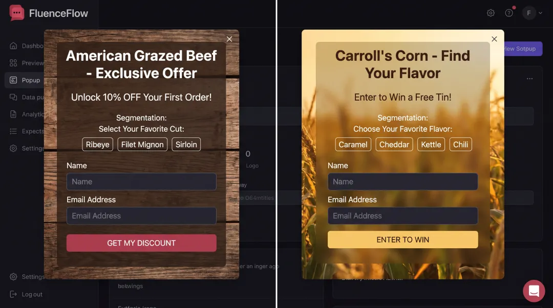American Grazed Beef and Carroll's Corn popup forms with segmentation options