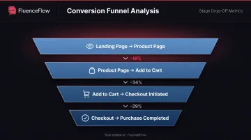 Four-stage e-commerce conversion funnel showing visitor drop-off from landing page to purchase completion