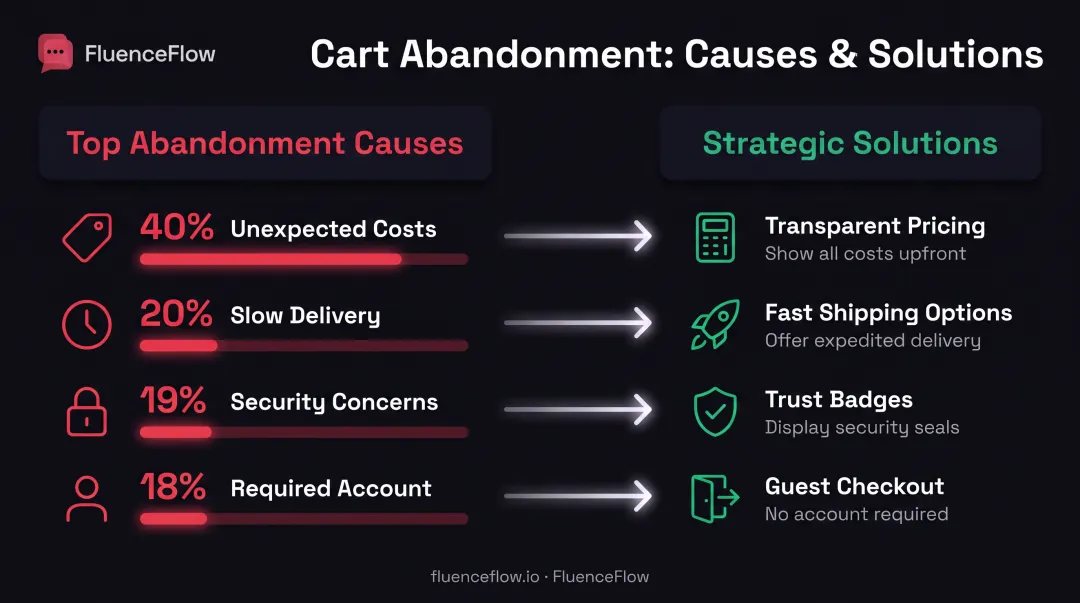 Cart abandonment causes and solutions comparison showing four main friction points and strategic interventions