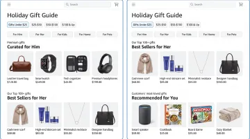 Amazon holiday gift guide interface showing personalized product recommendations by category and budget