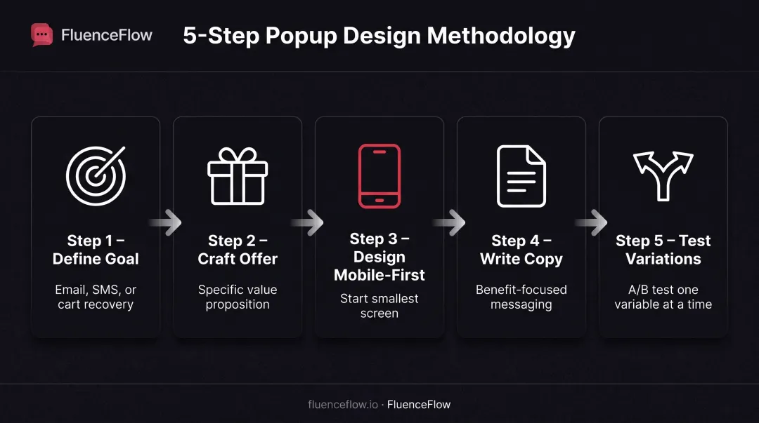 Five-step popup design and implementation process from goal definition to A/B testing