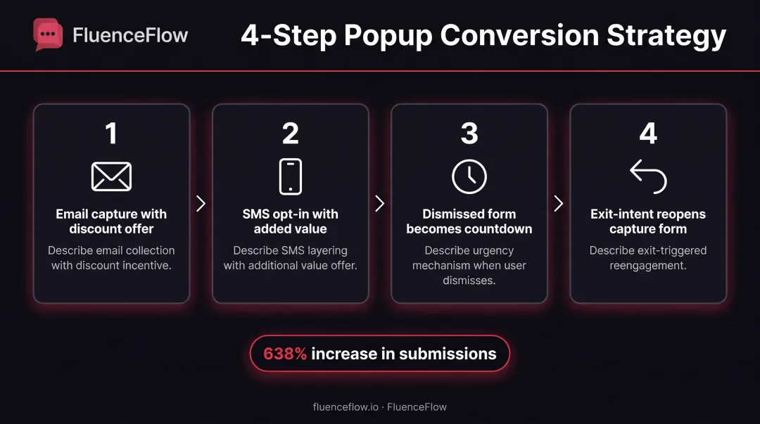 Four-step two-stage email and SMS popup capture process with progressive data collection
