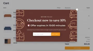 E-commerce cart abandonment exit popup displaying discount offer with countdown timer