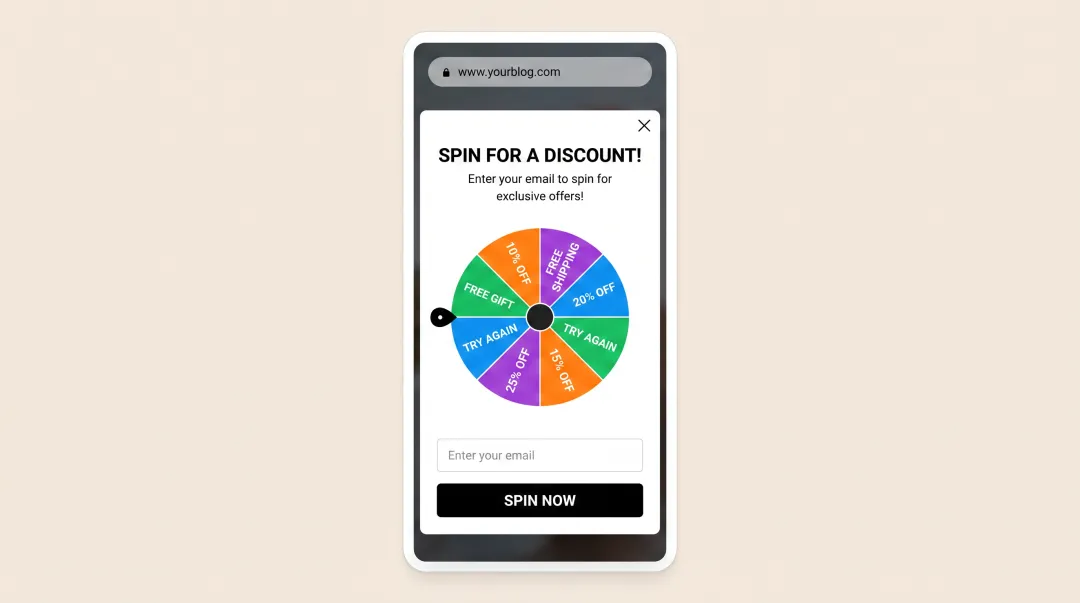 Interactive spin-to-win gamification popup wheel with multiple discount tiers and email capture