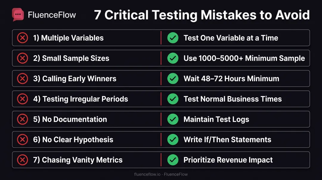 Seven common email A/B testing mistakes and solutions visualization diagram