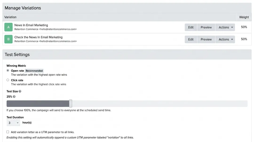 Email marketing platform dashboard showing A/B test setup interface with variation controls