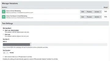 Email marketing platform dashboard showing A/B test setup interface with variation controls
