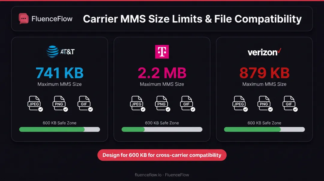 Major US carrier MMS file size limits and format compatibility comparison chart