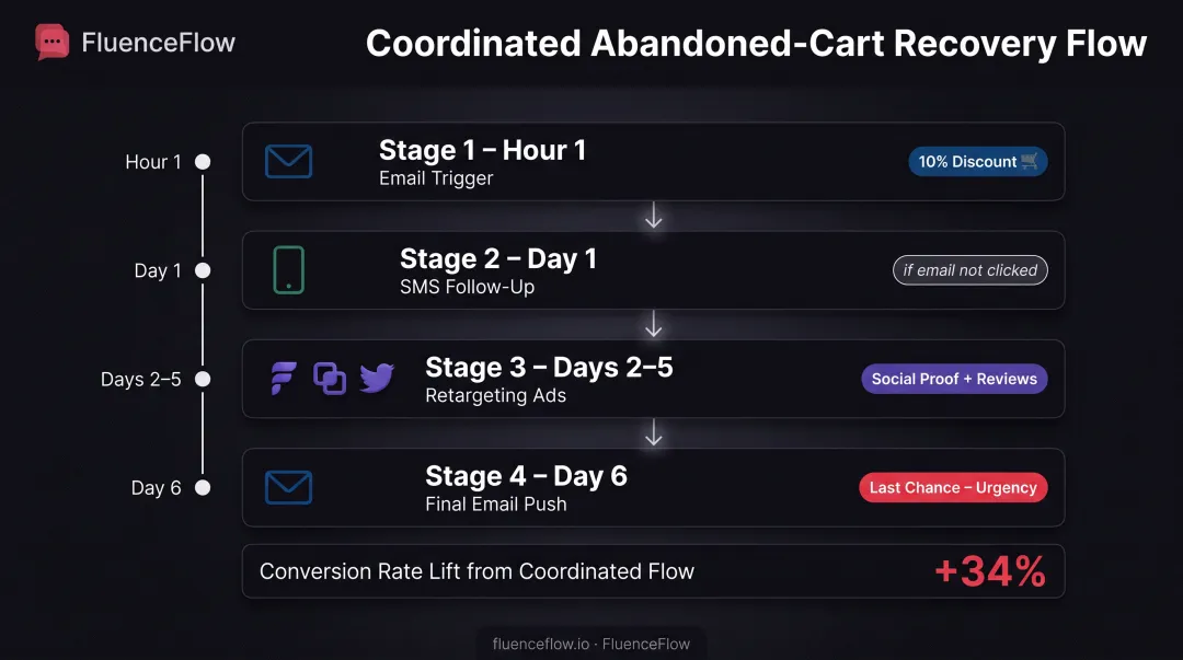 Four-stage integrated abandoned cart sequence across email SMS and retargeting channels