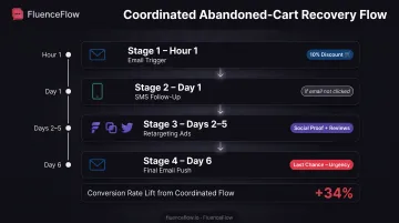 Four-stage integrated abandoned cart sequence across email SMS and retargeting channels