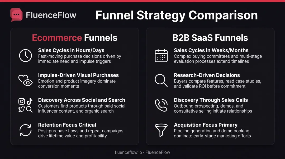 Ecommerce versus B2B SaaS funnel key differences comparison chart