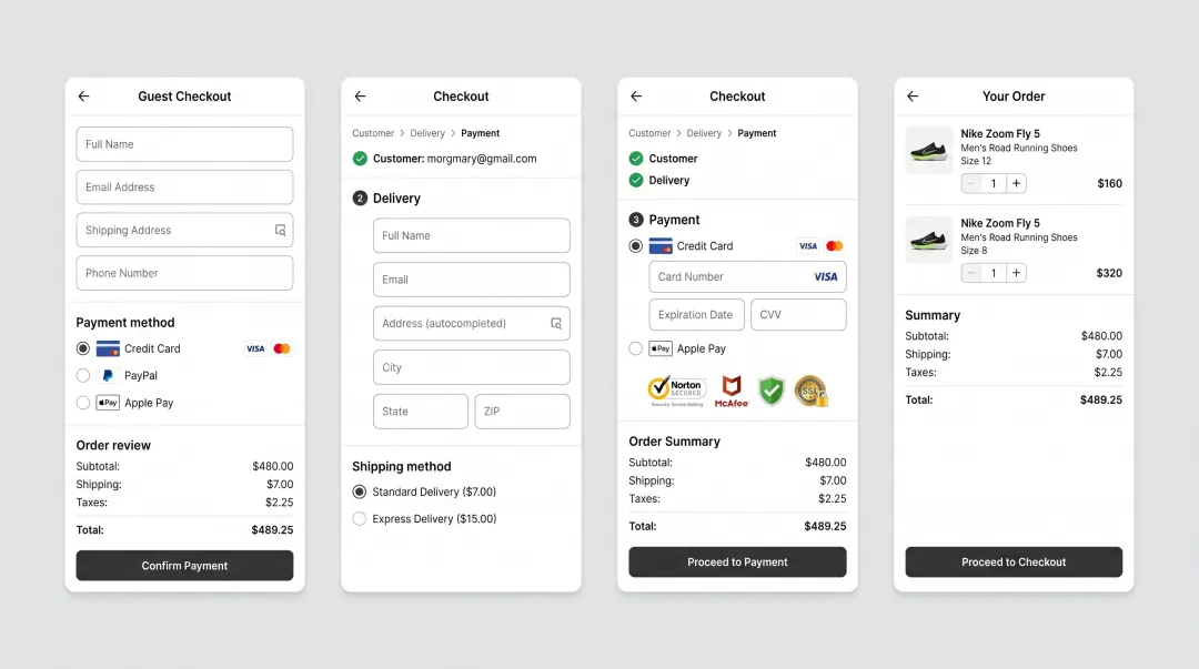 Streamlined ecommerce checkout page with guest checkout and multiple payment options