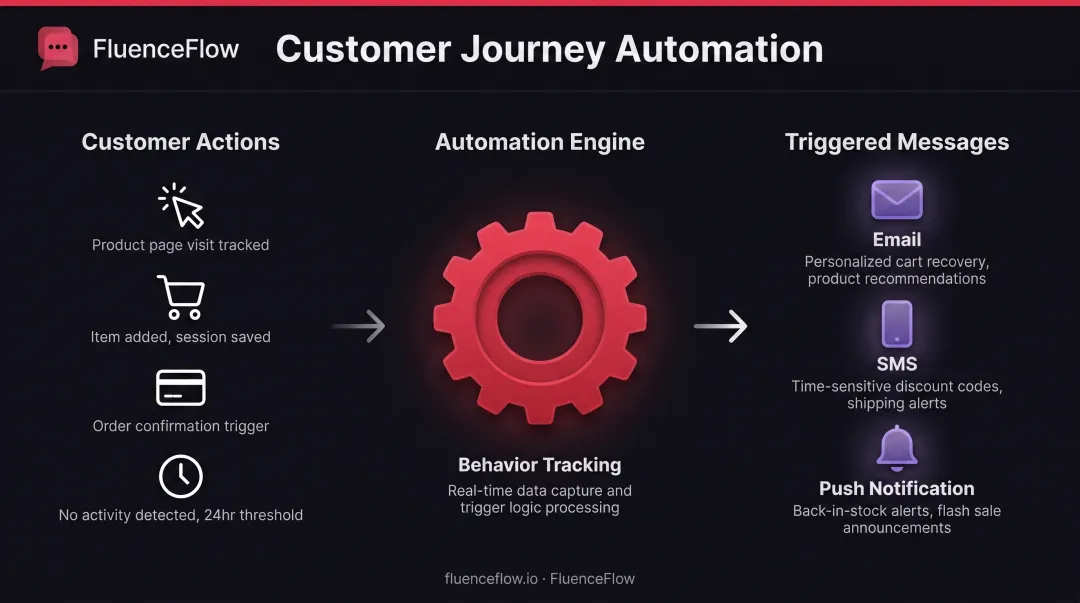 Customer journey automation workflow showing behavioral triggers and automated message responses across channels