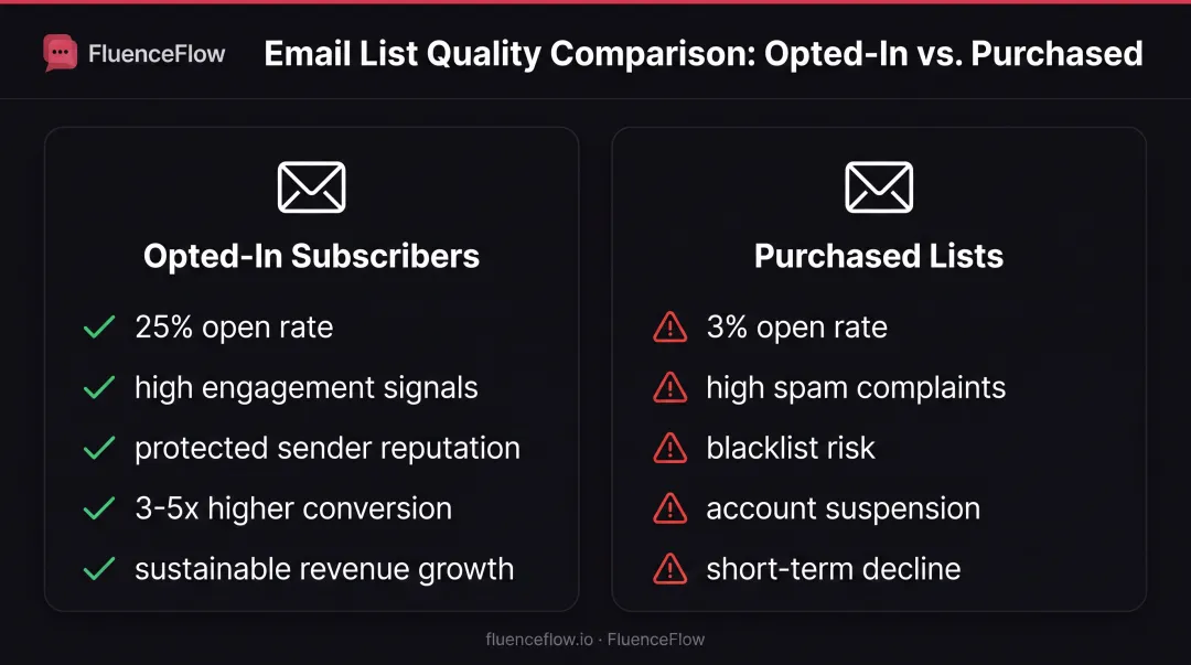 Permission-based opt-in list versus purchased email list performance comparison infographic