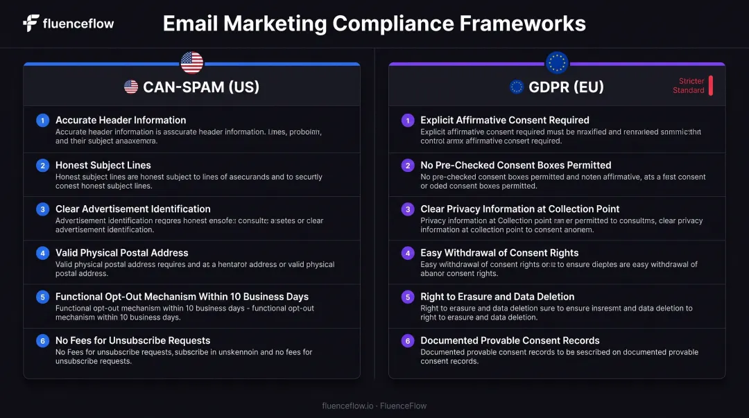 CAN-SPAM versus GDPR email compliance requirements side-by-side comparison chart