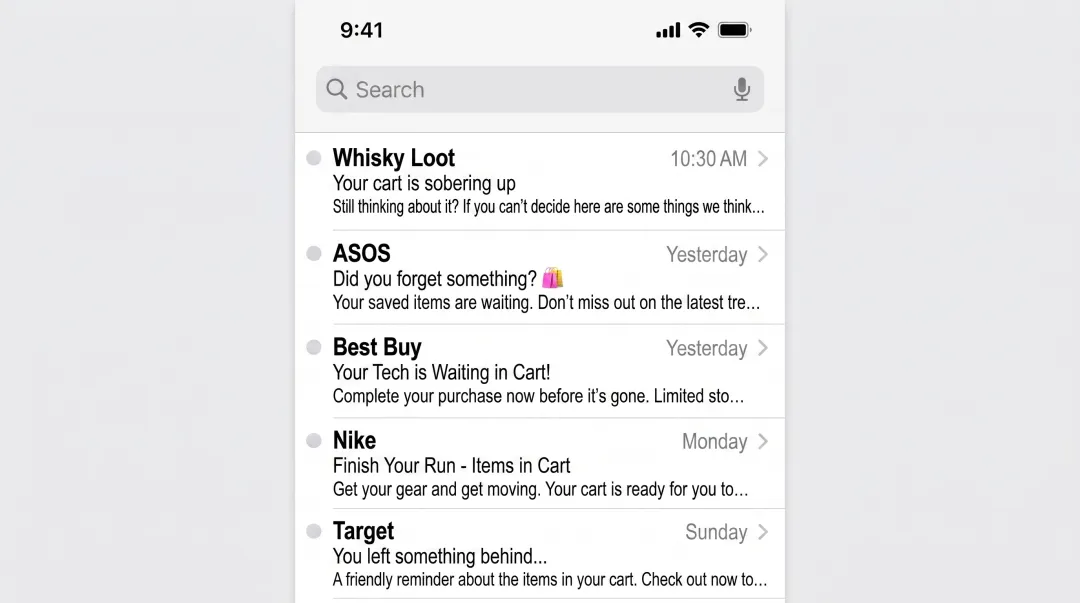 Mobile email inbox displaying abandoned cart subject lines on smartphone screen