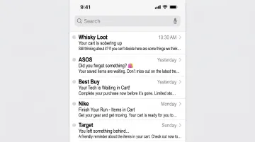 Mobile email inbox displaying abandoned cart subject lines on smartphone screen