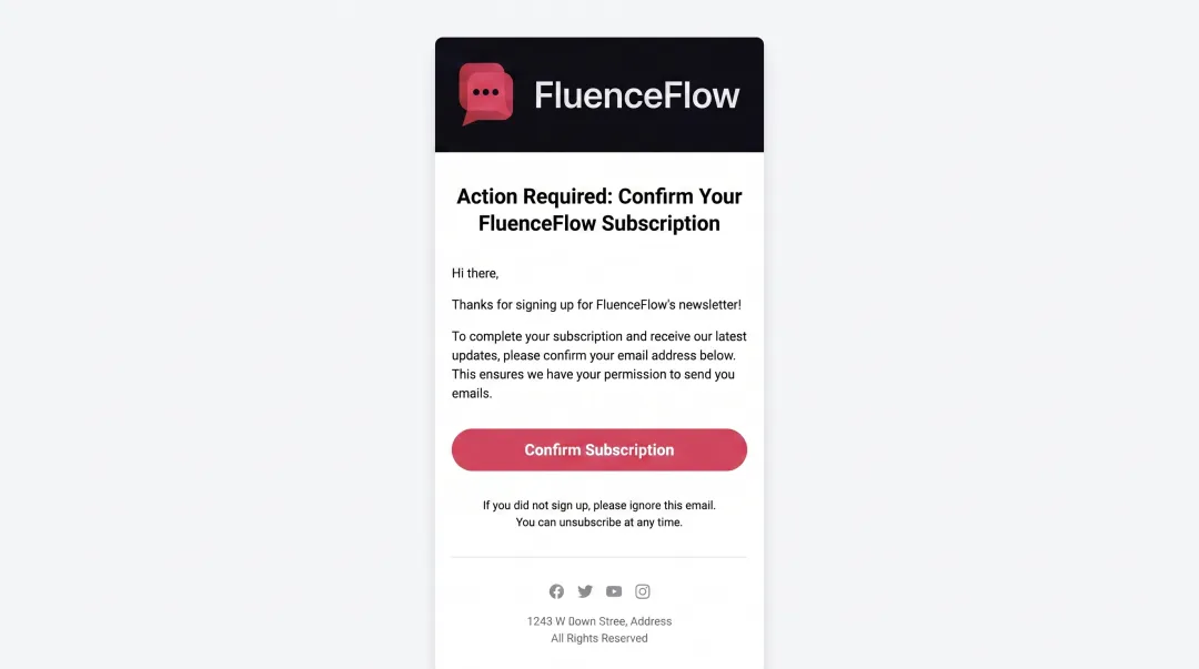 Branded double opt-in confirmation email example with prominent verification button and mobile-responsive design