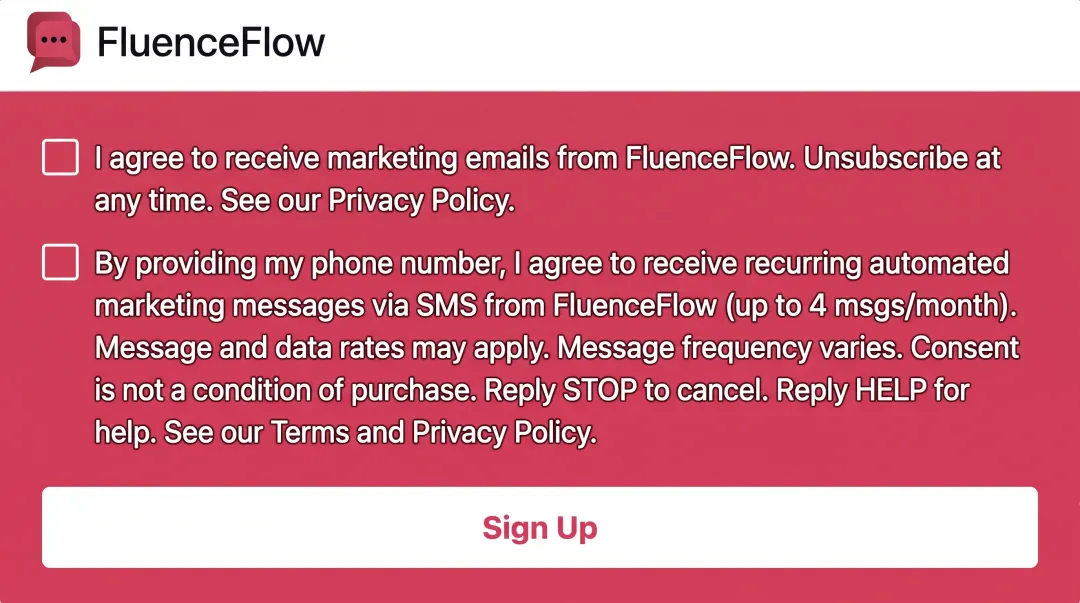 Example of compliant SMS consent form on website with disclosure language and unchecked boxes