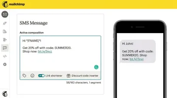 Mailchimp SMS builder interface showing character counter merge tags and discount inserter