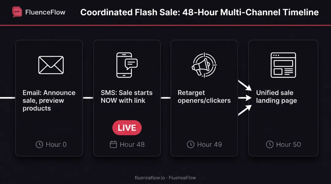 Coordinated omnichannel flash sale sequence across email SMS and retargeting timeline