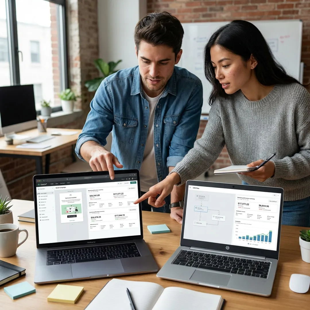 Marketing team reviewing email and SMS campaign analytics