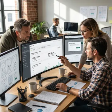 Digital marketing team reviewing analytics and campaign workflow