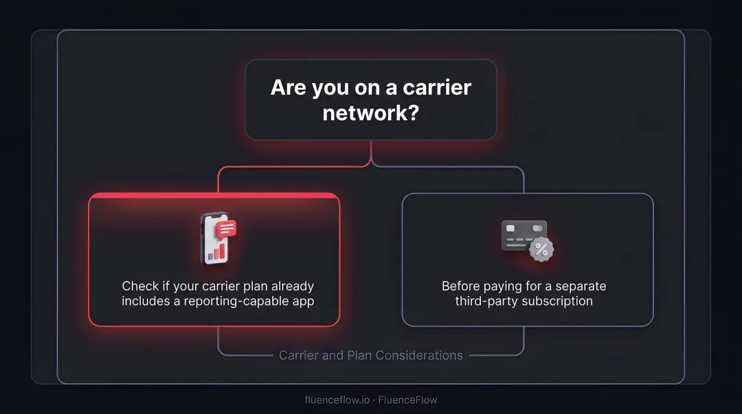 Carrier SMS call reporting plan comparison table showing free and paid tier features