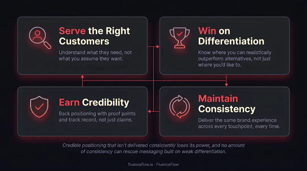 Four brand strategy dimensions customer competition credibility and consistency framework diagram