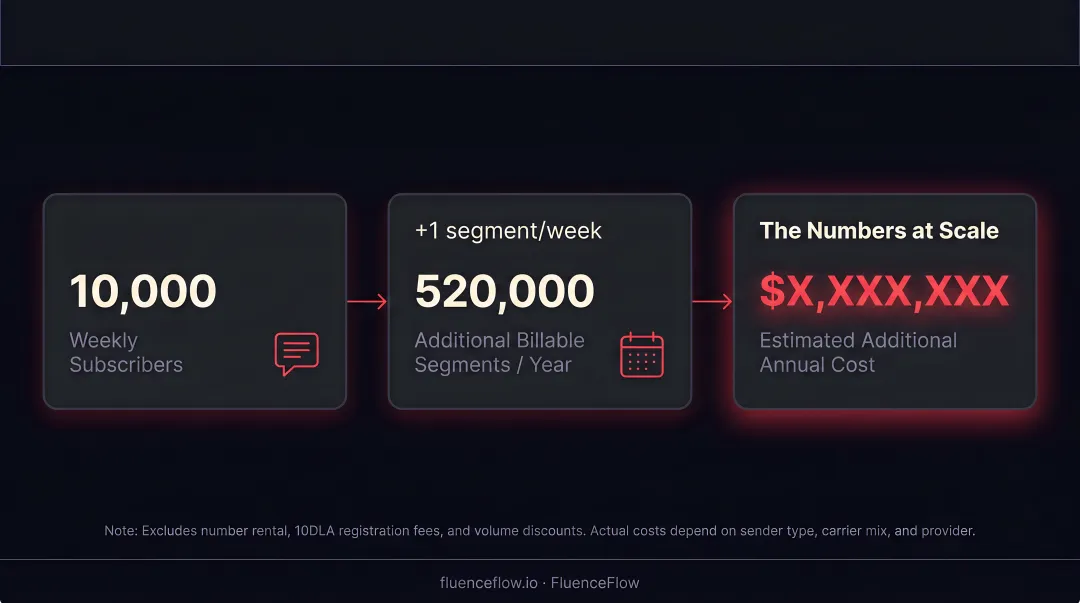 SMS provider cost per segment comparison chart for 10K subscribers annually