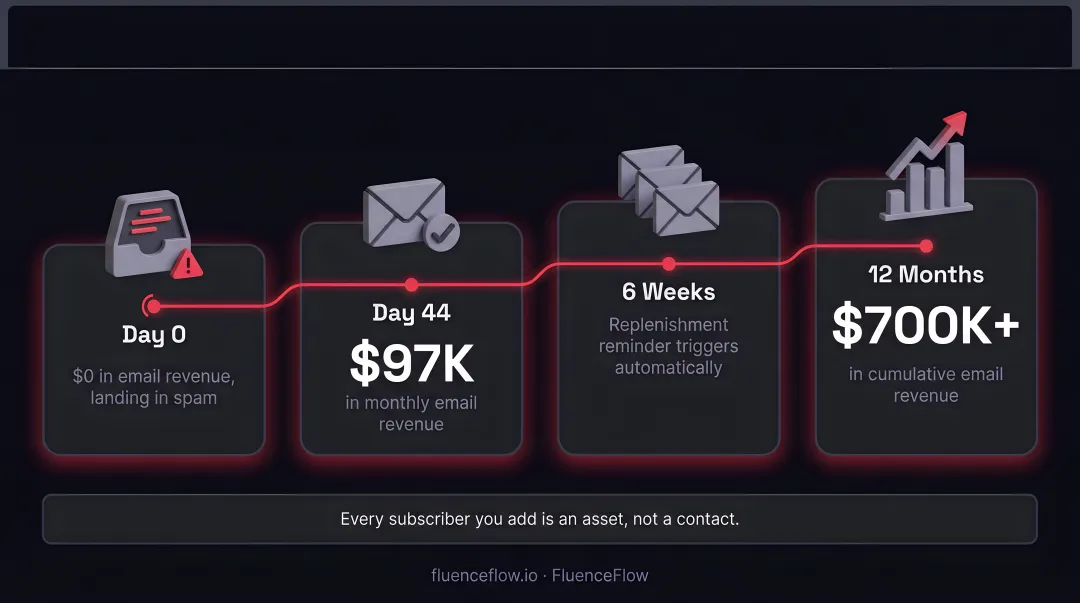 Email revenue growth timeline from zero to 700K over 12 months