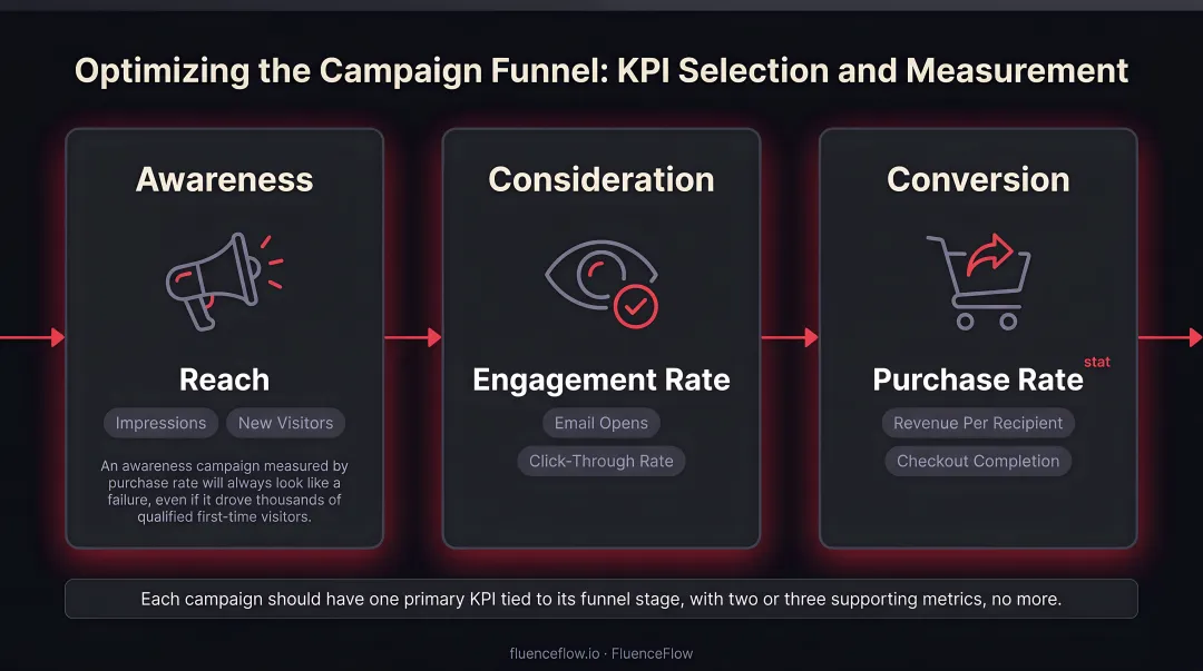 Four-stage DTC marketing funnel goals and metrics breakdown infographic