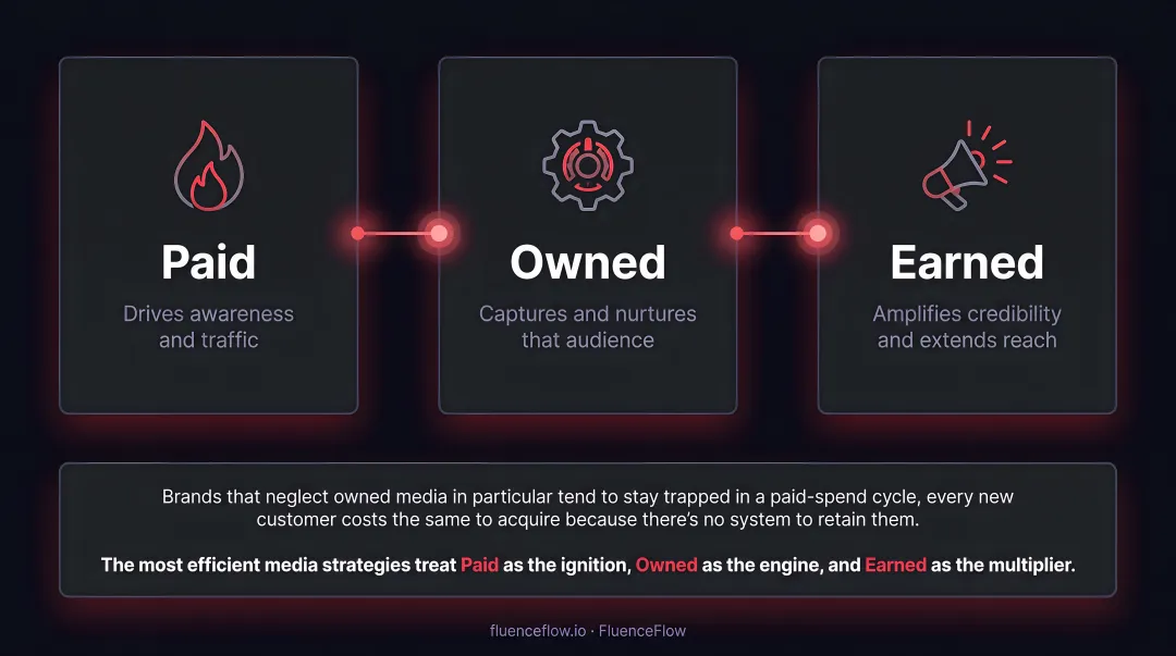 Paid owned and earned media integration framework showing ignition engine multiplier roles