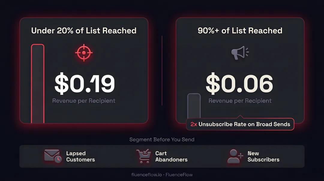 Klaviyo segmentation revenue comparison targeted sends versus full list broadcasts