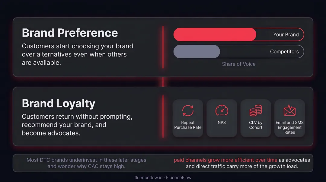 Four stages of DTC brand development from identity to loyalty progression infographic