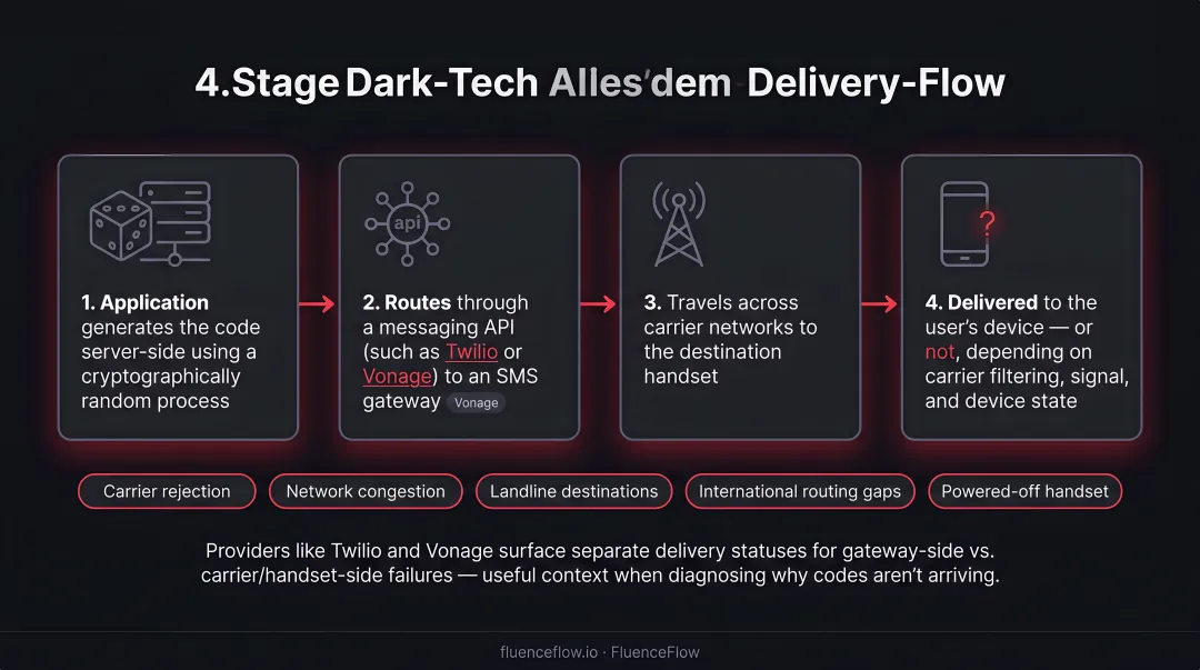 4-step SMS OTP delivery chain from code generation to user handset
