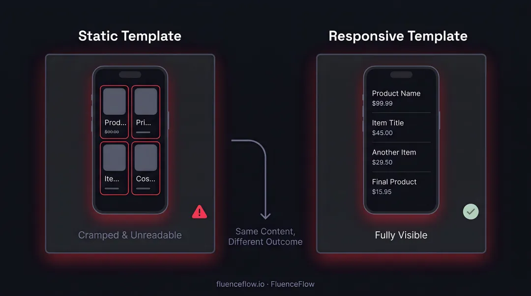 Static fixed-width email versus responsive email layout side-by-side comparison