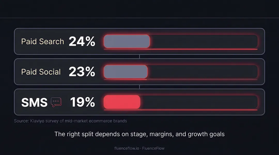 DTC ecommerce media budget allocation breakdown by channel percentage infographic