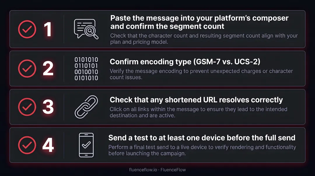 4-step pre-campaign SMS audit checklist infographic for high-volume sends