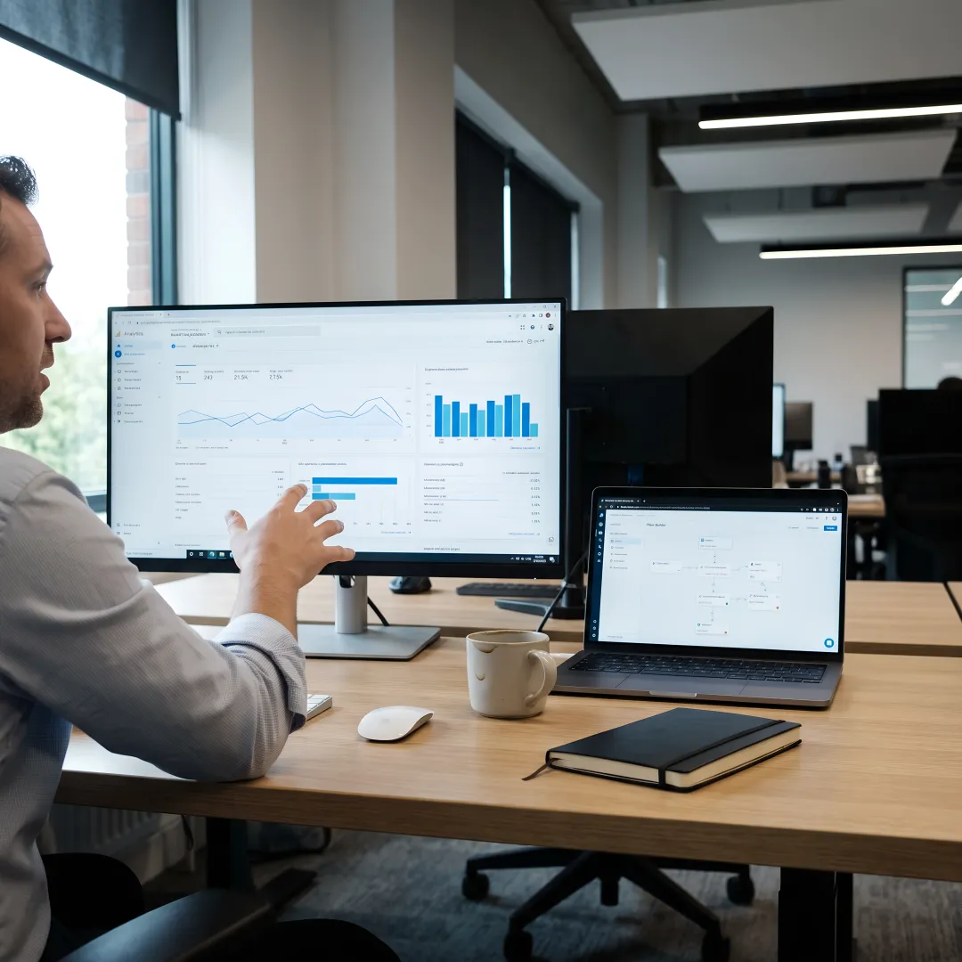 Growth strategist reviewing email and SMS performance dashboards