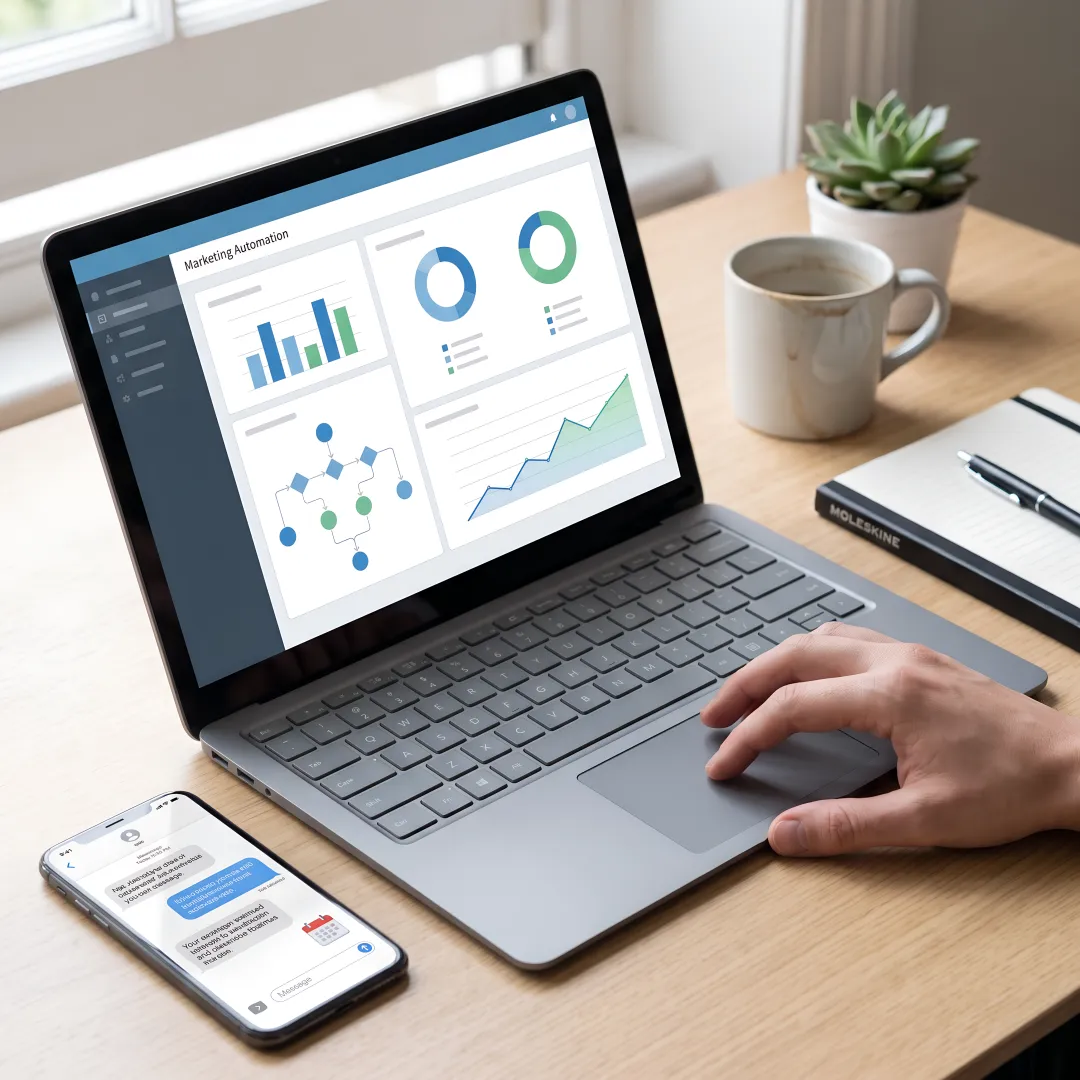 SMS reminder workflow on laptop and phone
